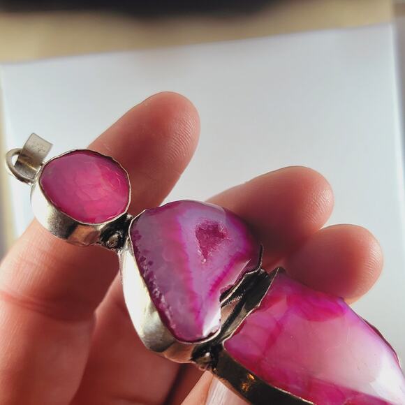 Pink Agate Geode Pendant Sterling Silver 2.75" Triple Druzy Statement - Picture 8 of 10